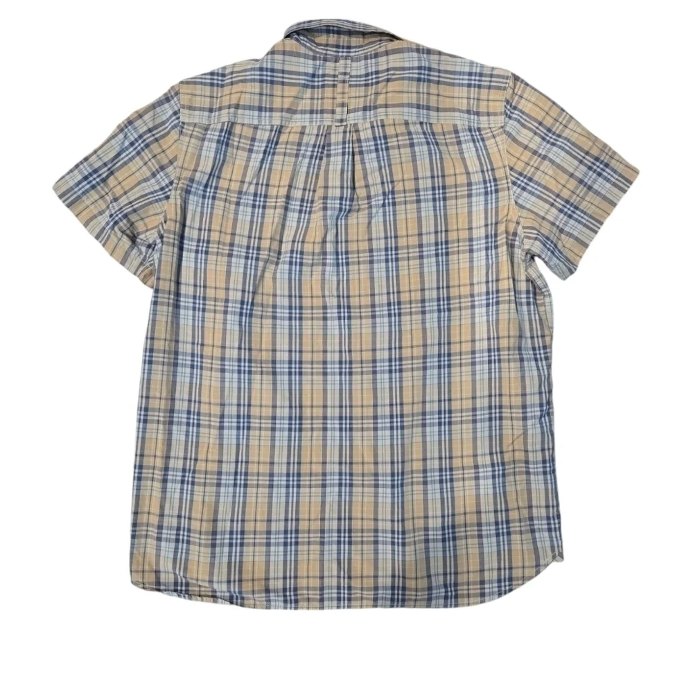 THE NORTH FACE SHORT SLEEVE PLAID BUTTON UP SHIRT. SIZE X- LARGE. BLUE/ TAN.